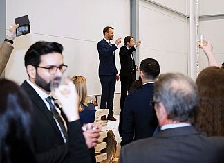 Managing Director Jonas Pihl (left) addressing his team in the Swedish office at the end of a record breaking year in 2019.