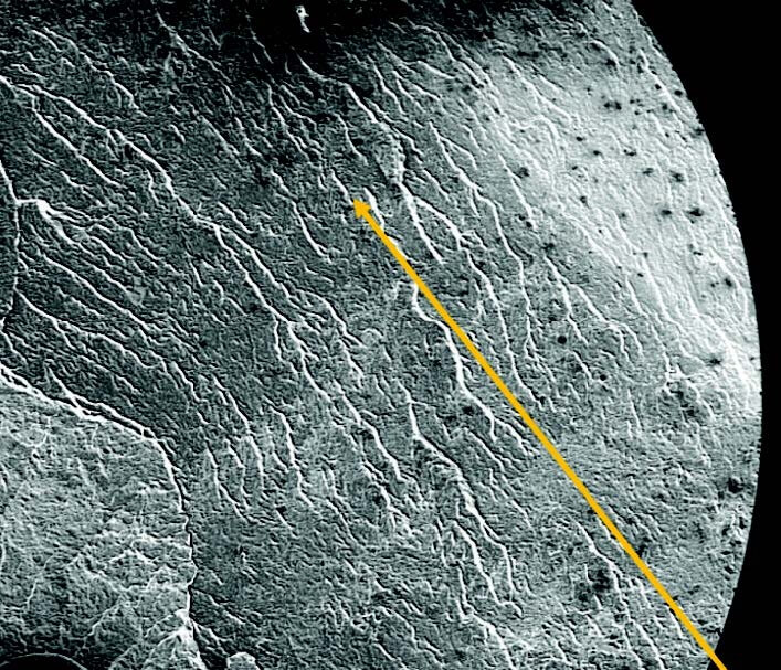 Figure 2. Crack propagation detail on a brittle fracture surface due to hydrogen. Image © Parker Hannifin