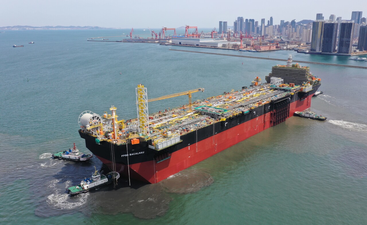 Launch of the Bacalhau FPSO at Dalian shipyard in China, 13 April 2022. It is deployed in the Bacalhau field in the Santos area offshore Brazil. Photo © Equinor.