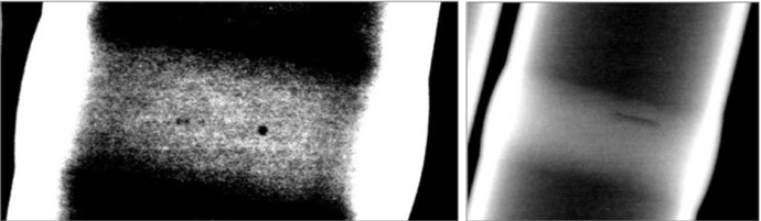 Tube weld sample specimens with small dual-pore and large single-pore defects (left), and lack-of-fusion defects (right). Photo by NASA.