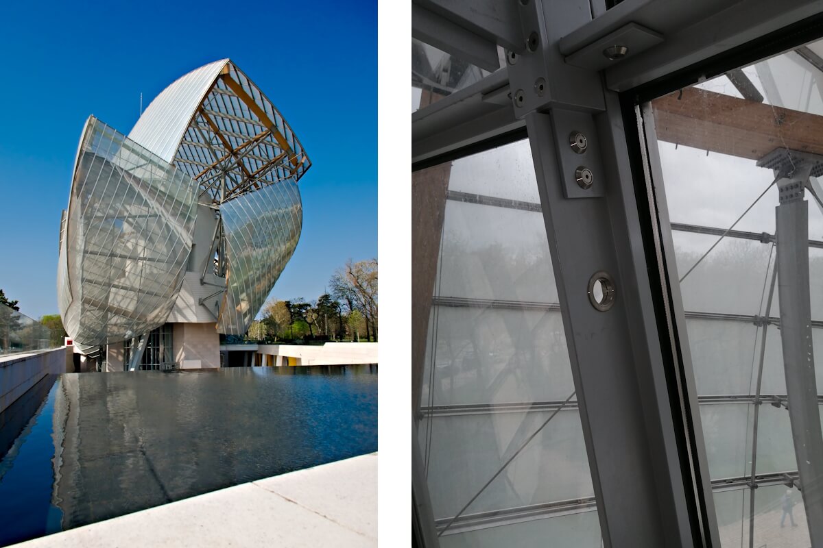 The Fondation Louis Vuitton, Paris. The photo on the right shows painted steel beams with duplex fasteners in the foreground, and in the background, a glass “sail” supported by a duplex stainless-steel grid; towards the right, duplex plate connecting a wooden beam to a steel column.