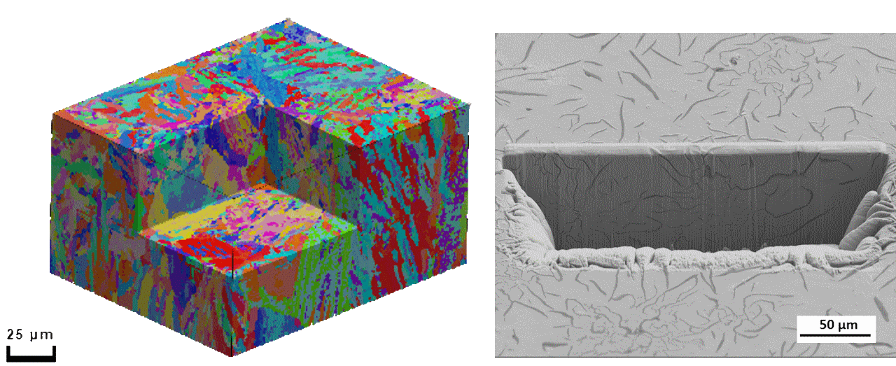 The image on the left shows the 3D microstructure of martensitic steel determined by static slice imaging using FIB and the EBSD method. The image on the right shows a cross-section of cast iron made by a plasma-FIB, which is significantly larger than one made with traditional FIB. (Image credit: VTT)