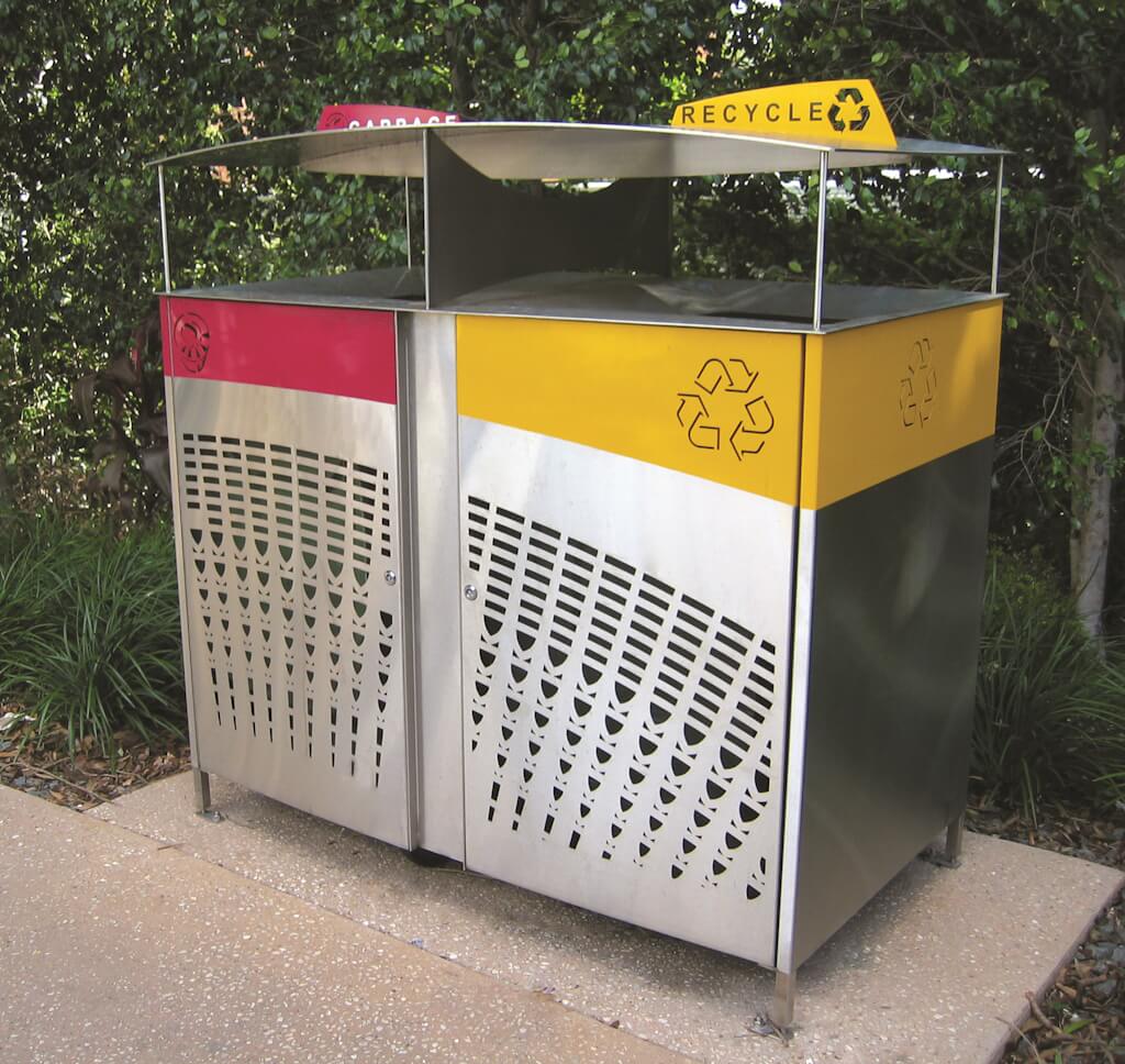 Stainless steel general waste and recycling bins at the University of Queensland.