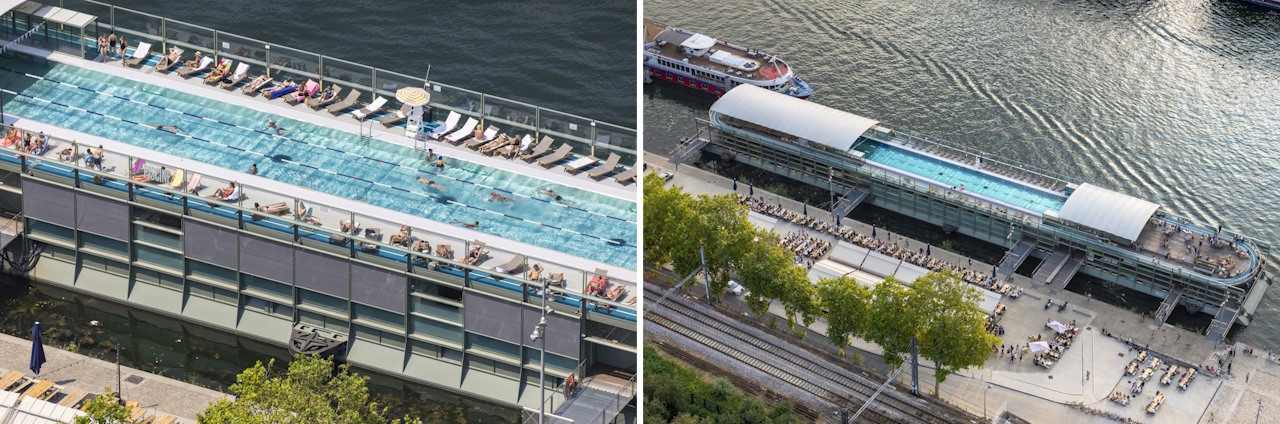 Floating in the river Seine, the “Annette K” swimming pool was built for the Paris Olympics, using stainless steel sheets supplied by SchmidtEdelstahl. The architect is Seine Design. Photo: Sergio Grazia.