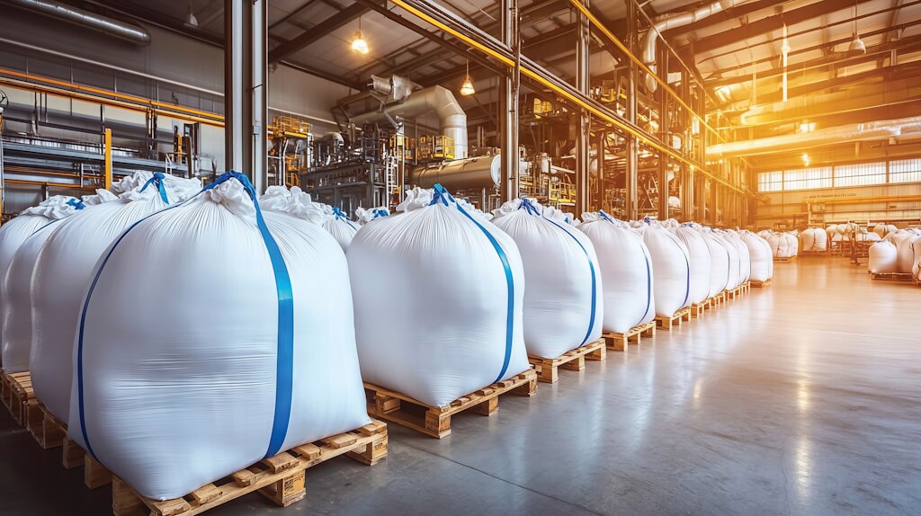 In Saudi Arabia, Ma’aden is investing USD 922 million in its third phosphate fertilizer project. AI image for illustration only. Large white bags with fertilizer
