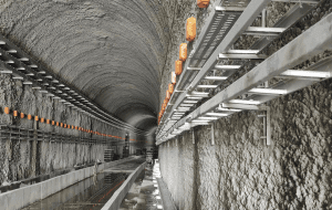 Newly installed Type 316 stainless steel cable trays in the USBRL rail tunnel. Photo: © Jindal Stainless