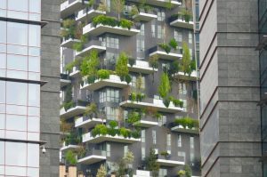 The Bosco verticale, Milan, inaugurated in 2014, includes over ninety plant species distributed on the façades. It was designed by Boeri Studio (Stefano Boeri, Gianandrea Barreca, and Giovanni La Varra). Photo: Wikipedia.