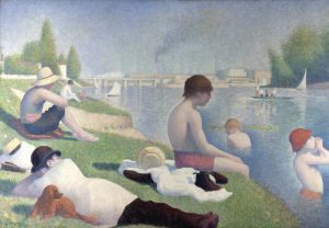 Georges Seurat, Bathers at Asnieres (National Gallery, London) depicts bathers on the river Seine in a suburb of Paris.